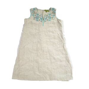 sigrid olsen linen Shift Embroidered Dress 4 Aqua Blue Floral V Neck coastal